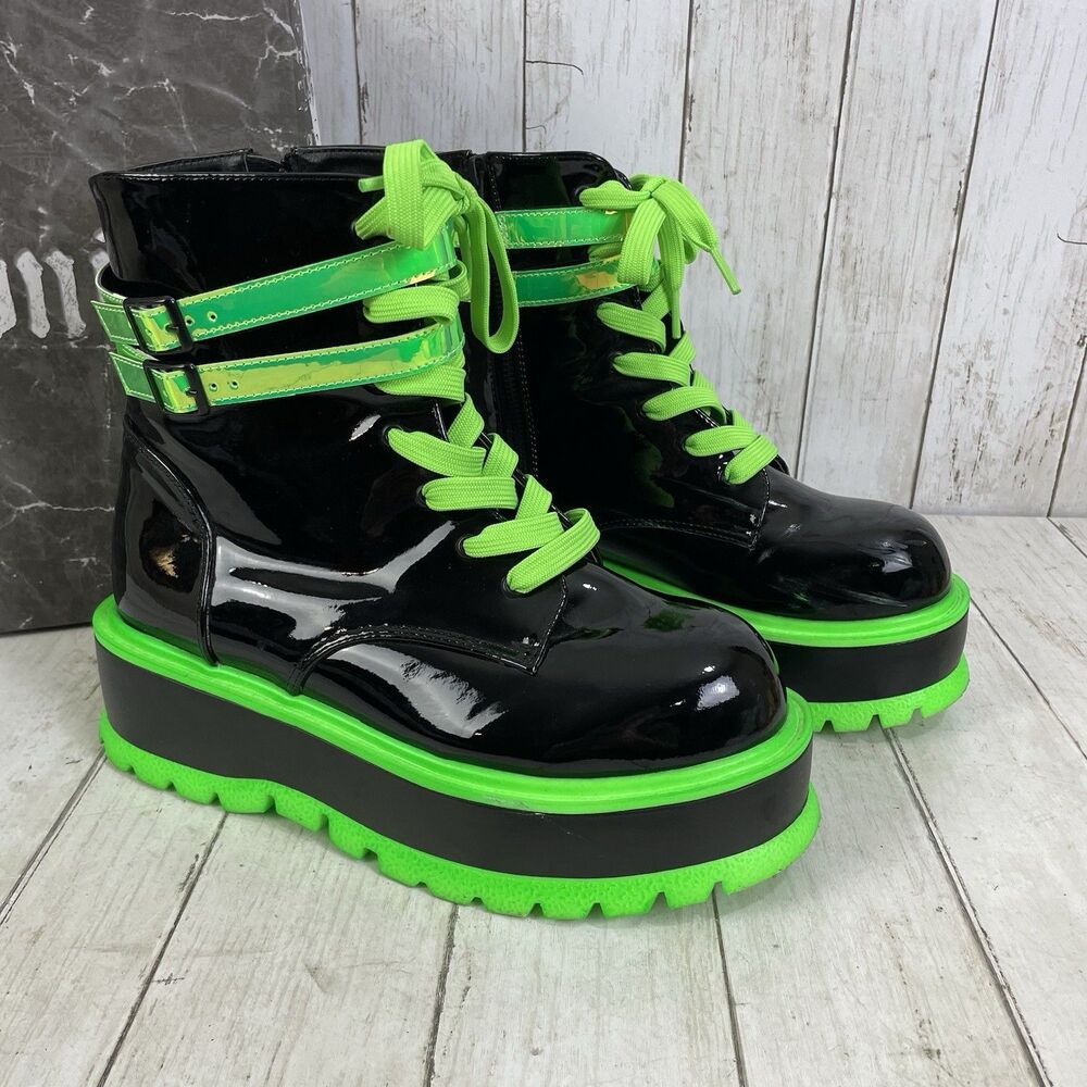 DEMONIA Shaker-52 Platform Boots Black Patent Neon Green Size 10 /EU 40 - Picture 2 of 10